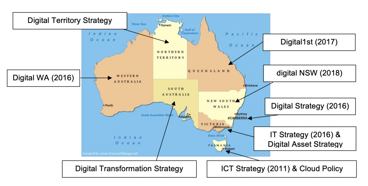 This image shows a map of Australia with information which part of Australia has which Digital strategy.